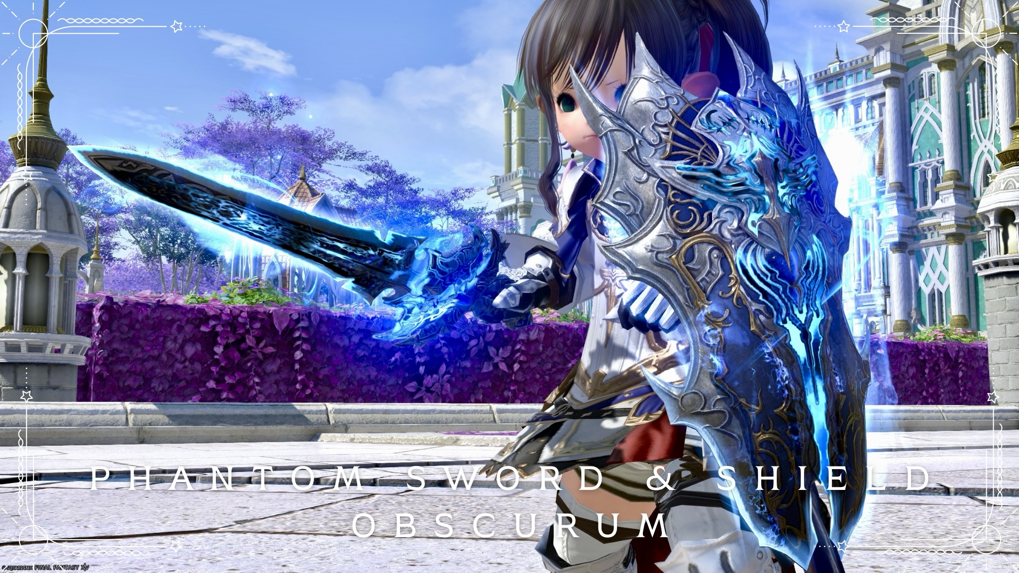 Paladin's Phantom Weapon (PW) Third Form: Blue glowing Poseidon sword and shield "Phantom Sword & Shield Obscurum" Lalafell FF14 Blog Norirow Note 24