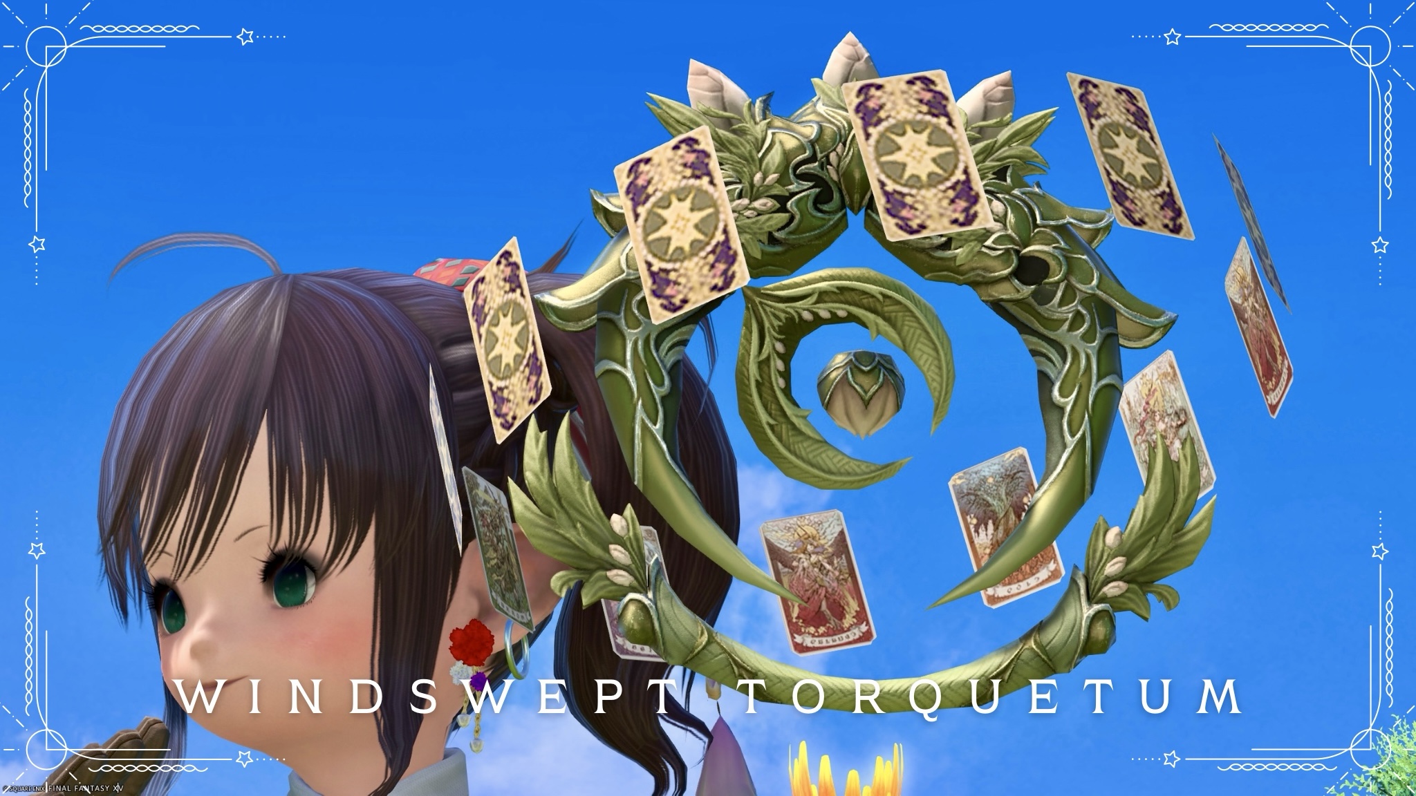 An astrolabe adorned with flower buds, vines, and greenery — the Astrologian weapon “Windswept Torquetum” Lalafell FF14 Blog Norirow Note 24