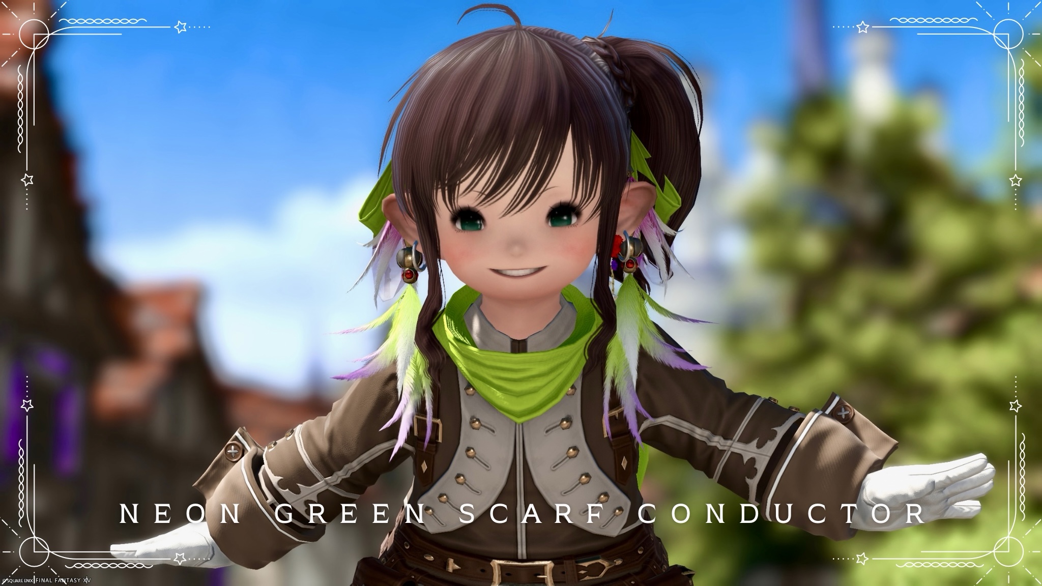 【ミラプリ】「ネオングリーンマフラーのちょっぴり蒸気的な剣士様」コーデ ララフェル FF14ブログ Norirow Note 27