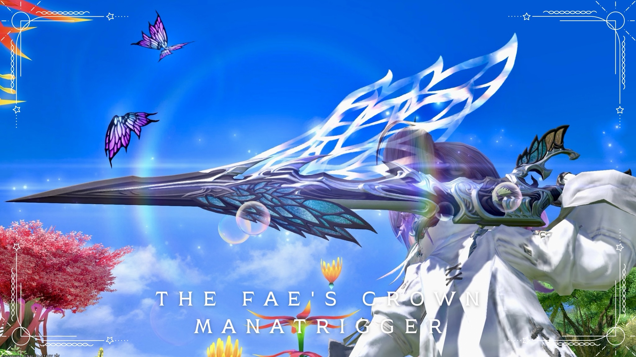 Butterflies Dance Around This Glowing Titania Gunbreaker Weapon: "The Fae's Crown Manatrigger" Lalafell FF14 Blog Norirow Note 36