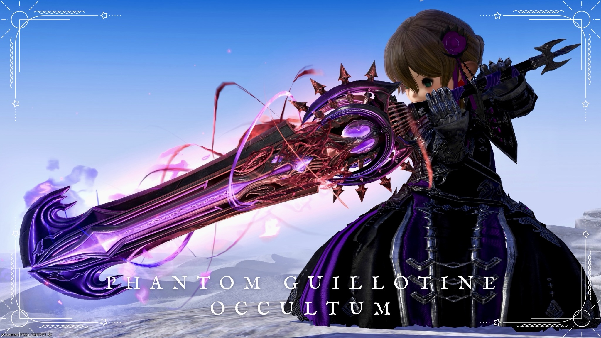 Dark Knight's Phantom Weapon (PW) Final Form – A Large Glowing Dark-Crystal Greatsword, "Phantom Guillotine Occultum" Lalafell FF14 Blog Norirow Note 25