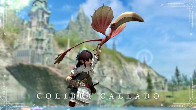 Un oiseau au grand bec que l'on chevauche en s'agrippant à sa patte – la monture « Colibri silencieux » (Île de Lunule, partie septentrionale) Lalafell FF14 Blog Norirow Note 6