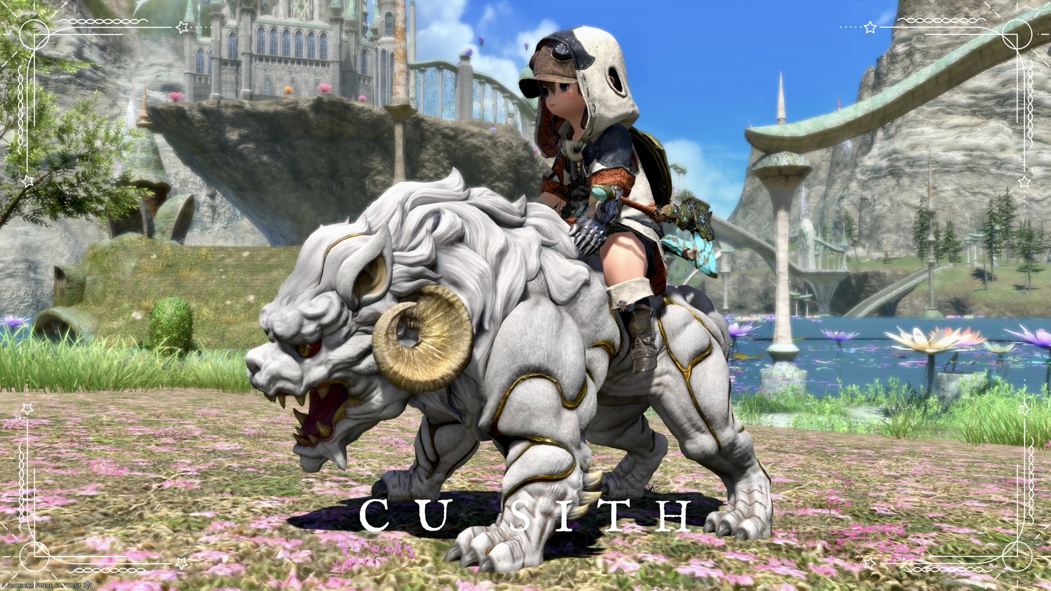 Une compagne du Dresseur qui ressemble à un komainu blanc, Cu Sith : la monture « Cu Sith » Lalafell FF14 Blog Norirow Note 25